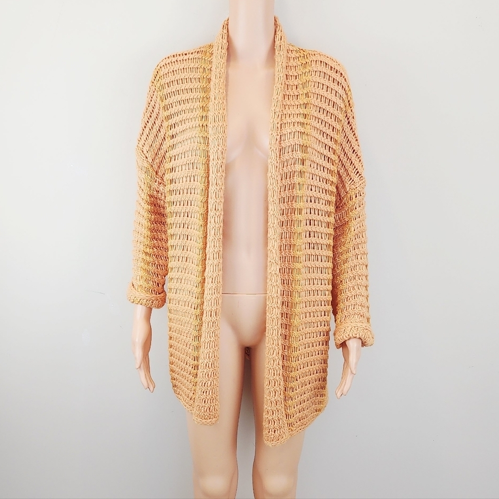 New Directions gold crochet 3/4 sleeve open front cardigan sweater Size XL